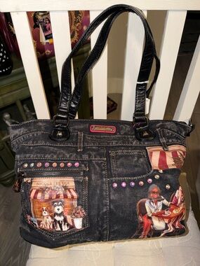 Nicole Lee Black Denim Shoulder Tote with Pink Accents